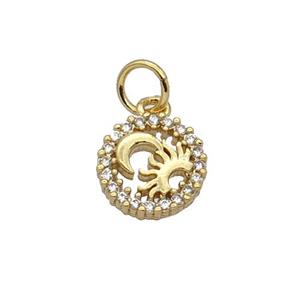 Copper Sun Moon Pendant Pave Zircon Circle Gold Plated, approx 9mm dia