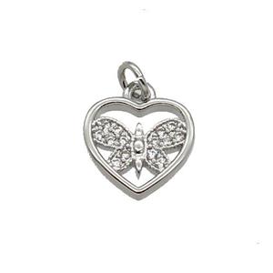 Copper Heart Pendant Pave Zircon Butterfly Platinum Plated, approx 10mm