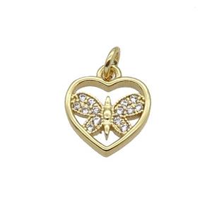 Copper Heart Pendant Pave Zircon Butterfly Gold Plated, approx 10mm