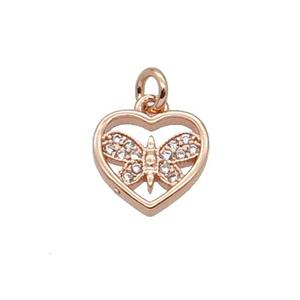 Copper Heart Pendant Pave Zircon Butterfly Rose Gold, approx 10mm