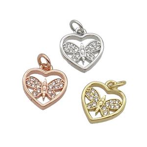 Copper Heart Pendant Pave Zircon Butterfly Mixed, approx 10mm