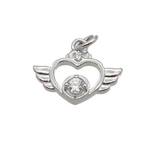 Copper Angel Wing Pendant Pave Zircon Heart Platinum Plated, approx 9-14.5mm