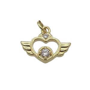Copper Angel Wing Pendant Pave Zircon Heart Gold Plated, approx 9-14.5mm