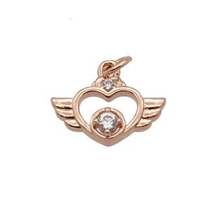 Copper Angel Wing Pendant Pave Zircon Heart Rose Gold, approx 9-14.5mm