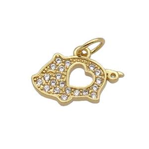 Copper Pig Pendant Pave Zircon Gold Plated, approx 9-15mm