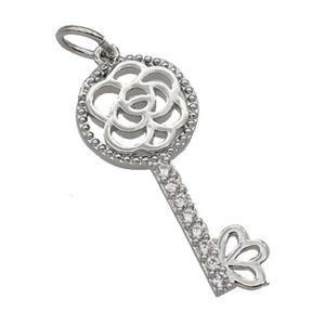 Copper Key Pendant Pave Zircon Platinum Plated, approx 10-23mm