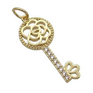 Copper Key Pendant Pave Zircon Gold Plated, approx 10-23mm