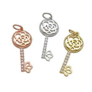 Copper Key Pendant Pave Zircon Mixed, approx 10-23mm