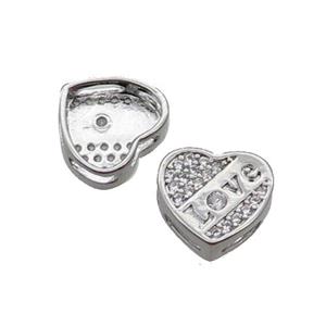 Copper Heart Beads Pave Zircon LOVE Platinum Plated, approx 10.5mm