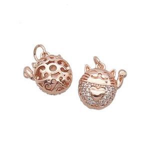 Copper Lucky Cat Pendant Pave Zircon Rose Gold, approx 11mm
