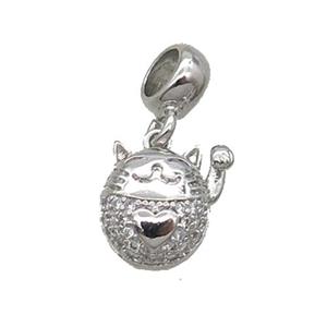 Copper Lucky Cat Pendant Pave Zircon Platinum Plated, approx 11mm, 7.5mm, 5mm hole