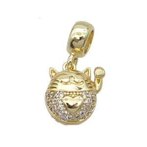 Copper Lucky Cat Pendant Pave Zircon Gold Plated, approx 11mm, 7.5mm, 5mm hole