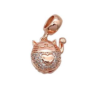 Copper Lucky Cat Pendant Pave Zircon Rose Gold, approx 11mm, 7.5mm, 5mm hole
