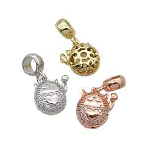 Copper Lucky Cat Pendant Pave Zircon Mixed, approx 11mm, 7.5mm, 5mm hole
