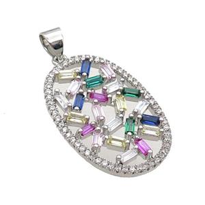 Copper Oval Pendant Pave Zircon Multicolor Platinum Plated, approx 17-25mm