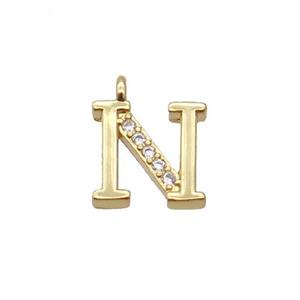 Copper Letter-N Pendant Pave Zircon Gold Plated, approx 8mm