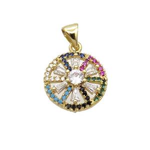 Copper Flower Pendant Pave Zircon Multicolor Gold Plated, approx 14.5mm dia