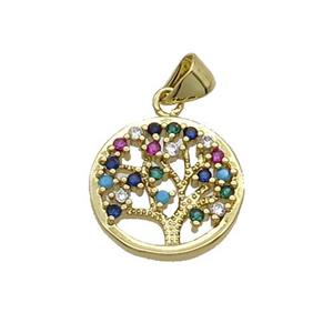 Copper Tree Pendant Pave Zircon Multicolor Gold Plated, approx 16mm dia
