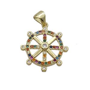 Copper Ship Helm Pendant Pave Zircon Multicolor Gold Plated, approx 18mm dia