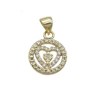 Copper Circle Pendant Pave Zircon Heart Gold Plated, approx 13mm dia