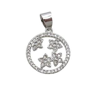 Copper Circle Pendant Pave Zircon Star Platinum Plated, approx 16mm dia