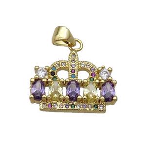 Copper Crown Pendant Pave Zircon Multicolor Gold Plated, approx 15-19.5mm