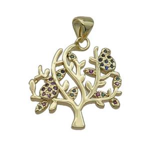 Copper Tree Pendant Pave Zircon Multicolor Gold Plated, approx 20mm