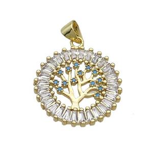Copper Tree Pendant Pave Zircon Circle Gold Plated, approx 21mm dia