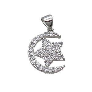 Copper Moon Pendant Pave Zircon Star Platinum Plated, approx 13-16mm