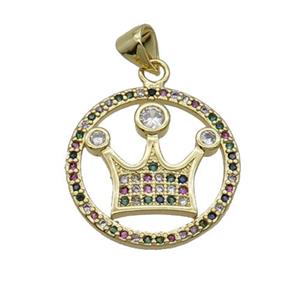 Copper Crown Pendant Pave Zircon Multicolor Circle Gold Plated, approx 20mm dia