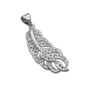 Copper Feather Pendant Pave Zircon Platinum Plated, approx 10-25mm