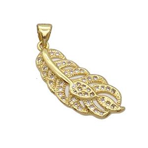 Copper Feather Pendant Pave Zircon Gold Plated, approx 10-25mm