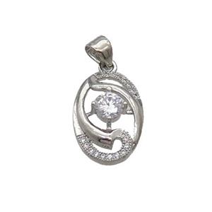 Copper Oval Pendant Pave Zircon Platinum Plated, approx 12-18mm