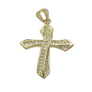 Copper Cross Pendant Pave Zircon Gold Plated, approx 21-24mm