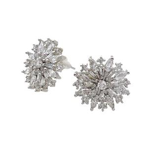 Copper Flower Stud Earring Pave Zircon Platinum Plated, approx 16.5mm