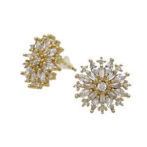 Copper Flower Stud Earring Pave Zircon Gold Plated, approx 16.5mm