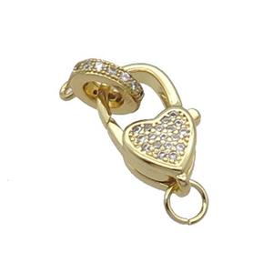 Copper Lobster Clasp Pave Zircon Heart Gold Plated, approx 10-17mm, 8mm