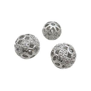 Copper Round Beads Pave Zircon Hollow Platinum Plated, approx 8mm dia