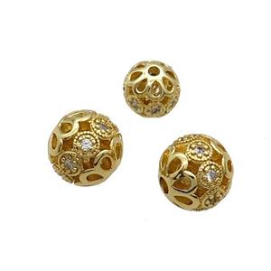 Copper Round Beads Pave Zircon Hollow Gold Plated, approx 8mm dia