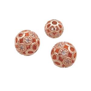 Copper Round Beads Pave Zircon Hollow Rose Gold, approx 10mm dia