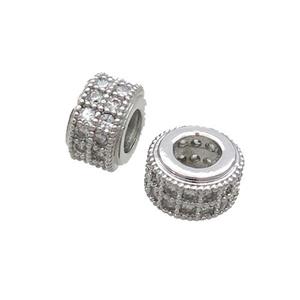 Copper Rondelle Beads Pave Zircon Large Hole Platinum Plated, approx 9mm, 4mm hole