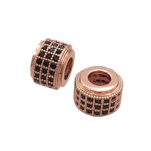 Copper Rondelle Beads Pave Black Zircon Large Hole Rose Gold, approx 9mm, 4mm hole