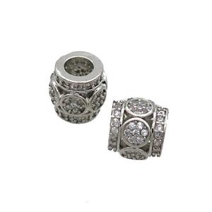 Copper Tube Beads Pave Zircon Large Hole Platinum Plated, approx 8mm, 3.5mm hole