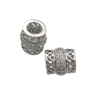 Copper Tube Beads Pave Zircon Large Hole Platinum Plated, approx 9mm, 5mm hole