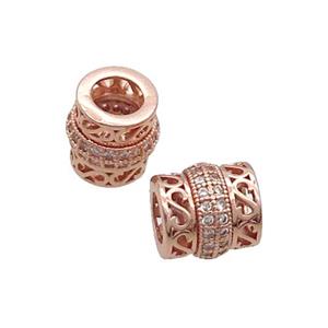 Copper Tube Beads Pave Zircon Large Hole Rose Gold, approx 9mm, 5mm hole