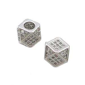 Copper Cube Beads Pave Zircon Large Hole Platinum Plated, approx 7mm, 3mm hole