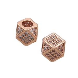 Copper Cube Beads Pave Zircon Large Hole Rose Gold, approx 7mm, 3mm hole