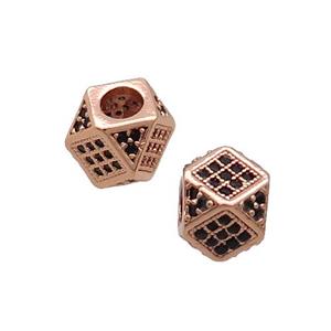 Copper Cube Beads Pave Black Zircon Large Hole Rose Gold, approx 7mm, 3mm hole