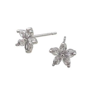 Copper Stud Earring Pave Zircon Flower Platinum Plated, approx 8mm