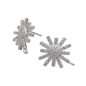 Copper Stud Earring Pave Zircon Flower Platinum Plated, approx 15mm